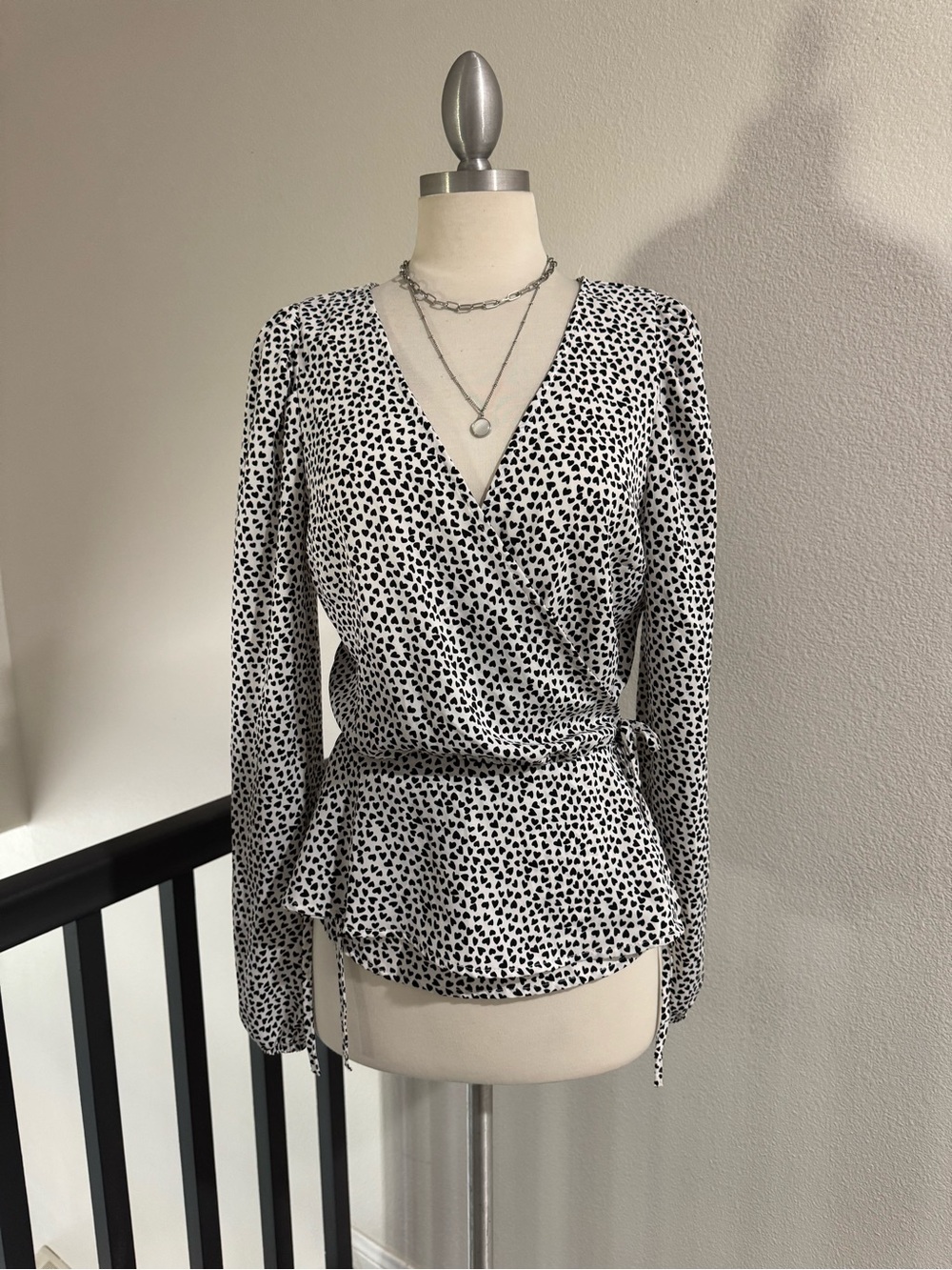 Heart Print Wrap Blouse  Romantic Business Casual